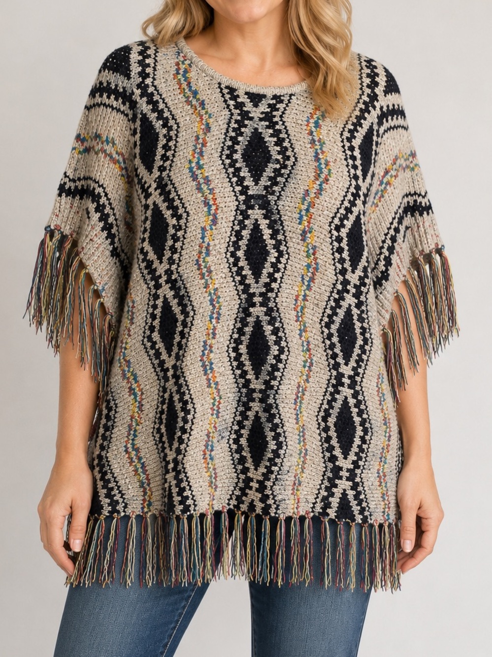 Orange Fashion Village Boho Fringe Poncho Sweater Geometric Knit One Size